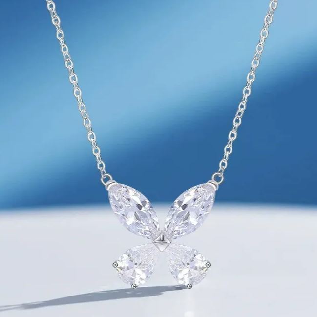 INS3061-Gemstone Sterling Silver Necklace for Women, 18K Gold Plated Jewelry, Diamond Four-Leaf Flower Zirconia, Round Zirconia Necklace