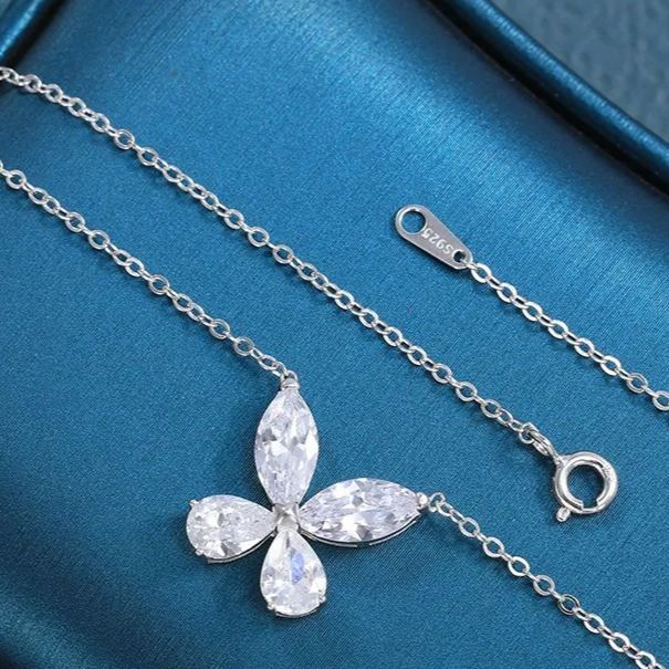 INS3061-Gemstone Sterling Silver Necklace for Women, 18K Gold Plated Jewelry, Diamond Four-Leaf Flower Zirconia, Round Zirconia Necklace