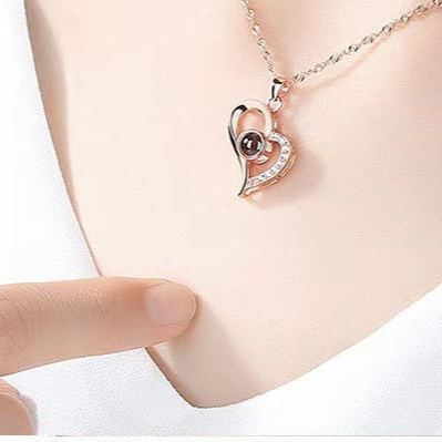 INS3101-LIOYSIUT Sterling Silver Custom Photo Projection Necklace with Picture Inside I Love You Necklace 100 Languages Personalized Heart Memorial Gift for Women Rose Gold