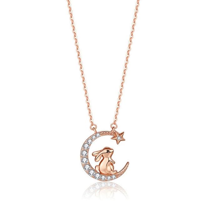 INS3120-Ornaland Chinese Zodiac Necklace 925 Sterling Silver Rose Gold Pendant Charm Necklace Zircon Moon and Star Necklace Cute Animal Jewelry Gifts for Women