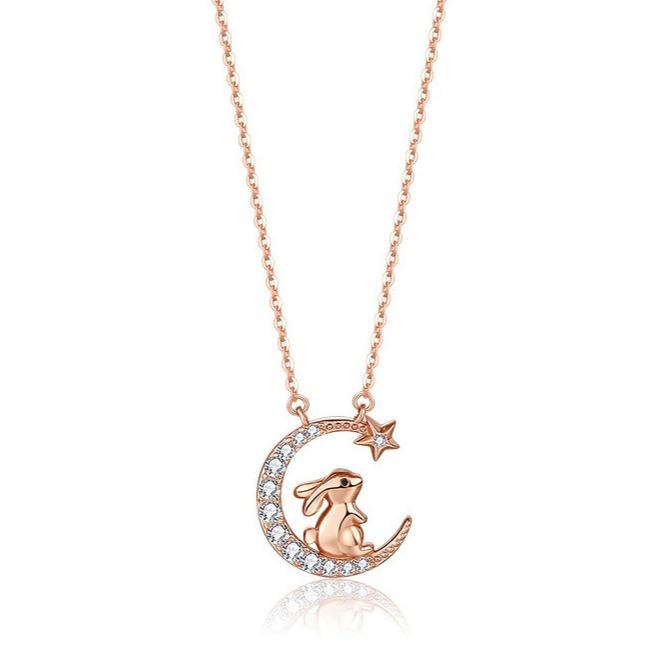 INS3120-Ornaland Chinese Zodiac Necklace 925 Sterling Silver Rose Gold Pendant Charm Necklace Zircon Moon and Star Necklace Cute Animal Jewelry Gifts for Women