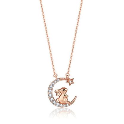 INS3120-Ornaland Chinese Zodiac Necklace 925 Sterling Silver Rose Gold Pendant Charm Necklace Zircon Moon and Star Necklace Cute Animal Jewelry Gifts for Women
