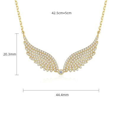 INS3155-14K Gold Wing Pendant Necklace, Micro-Pave Moissanite Angel Wing Chain Jewelry for Women