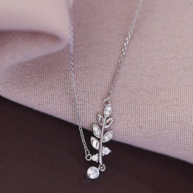 INS3186-CZ Olive Leaf Pendant Necklace for Women Girls 925 Sterling Silver Cubic Zirconia Crystal Leaves Branch Charm Chain Choker Necklaces Dainty Elegant Birthday Wedding Anniversary Jewelry Gift