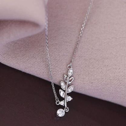 INS3186-CZ Olive Leaf Pendant Necklace for Women Girls 925 Sterling Silver Cubic Zirconia Crystal Leaves Branch Charm Chain Choker Necklaces Dainty Elegant Birthday Wedding Anniversary Jewelry Gift