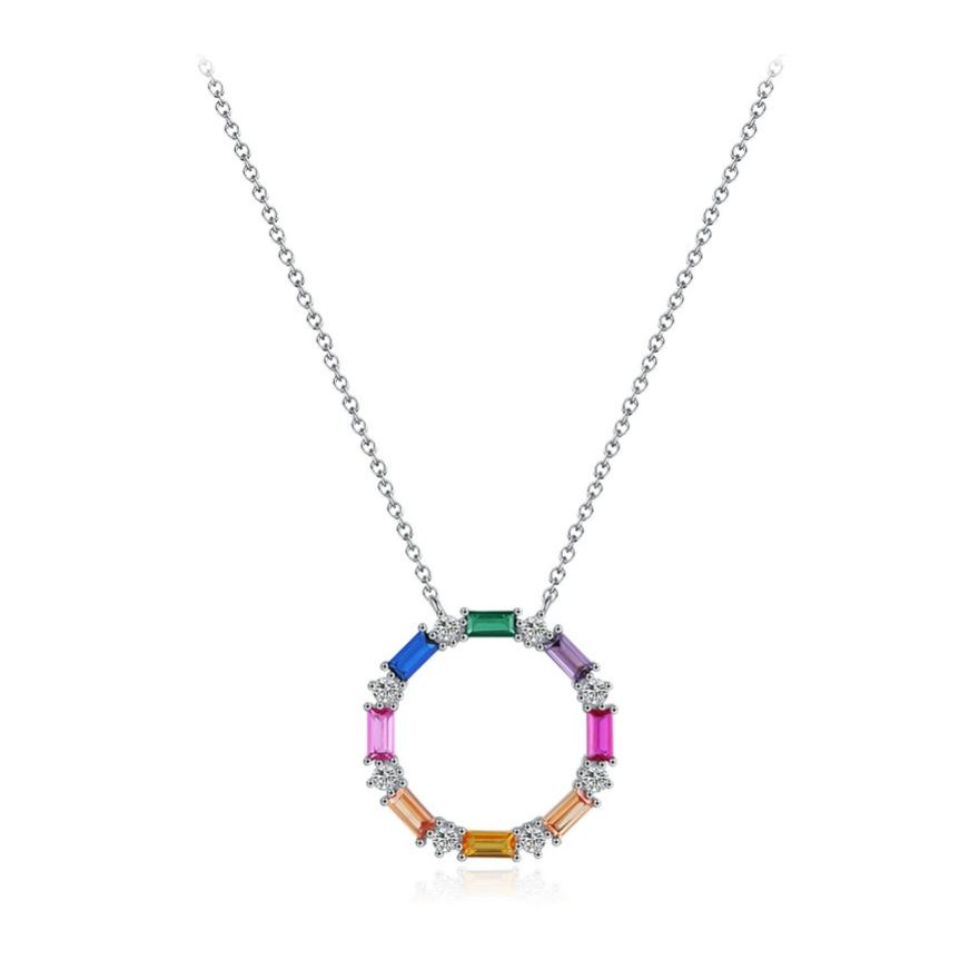 INS3203-Sterling Silver Jewelry - Rhodium Plated with 925 Stamp - Multi-Color Cubic Zirconia Stone Studded Rainbow Circle Pendant - Elegant Handcrafted For Women - 16" Long + 2" Extender