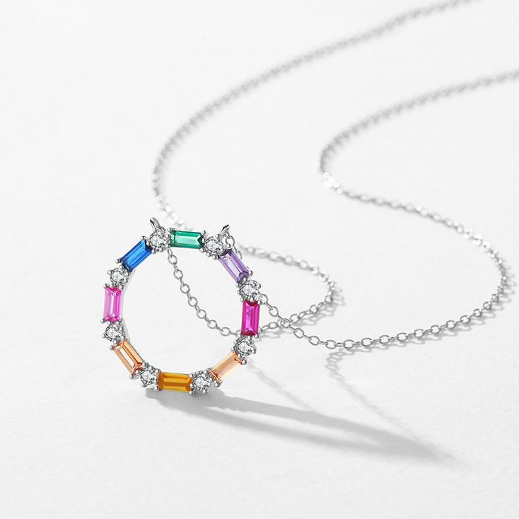INS3203-Sterling Silver Jewelry - Rhodium Plated with 925 Stamp - Multi-Color Cubic Zirconia Stone Studded Rainbow Circle Pendant - Elegant Handcrafted For Women - 16" Long + 2" Extender