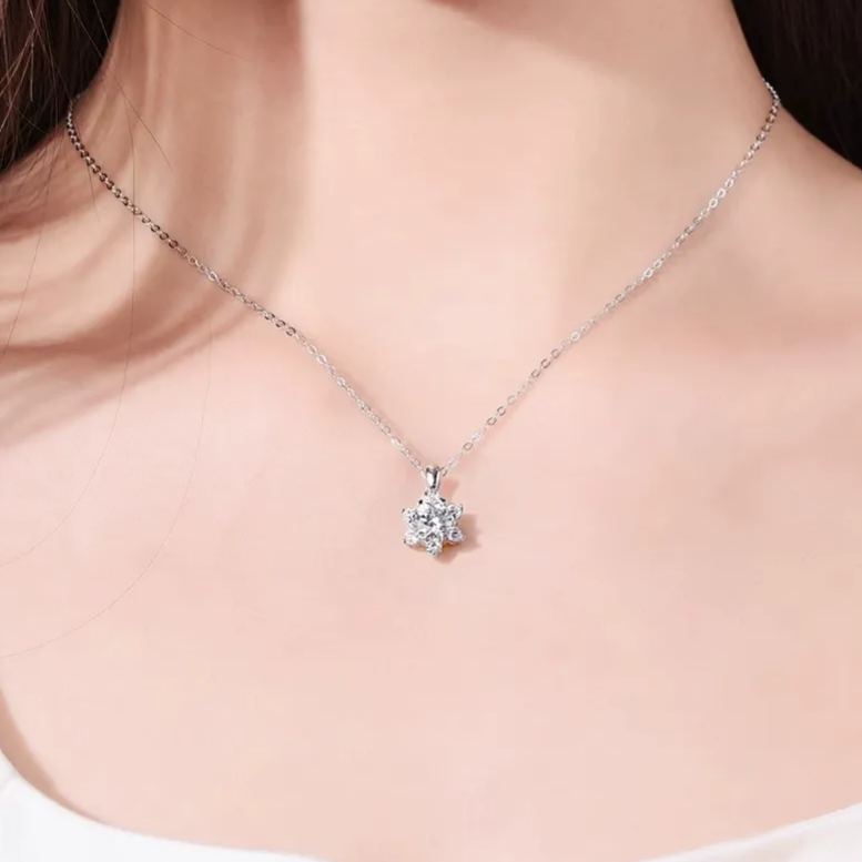 INS3231-StarGems 1ct Moissanite 925 Silver Platinum Plated&Zirconia Six Star Necklace B4628