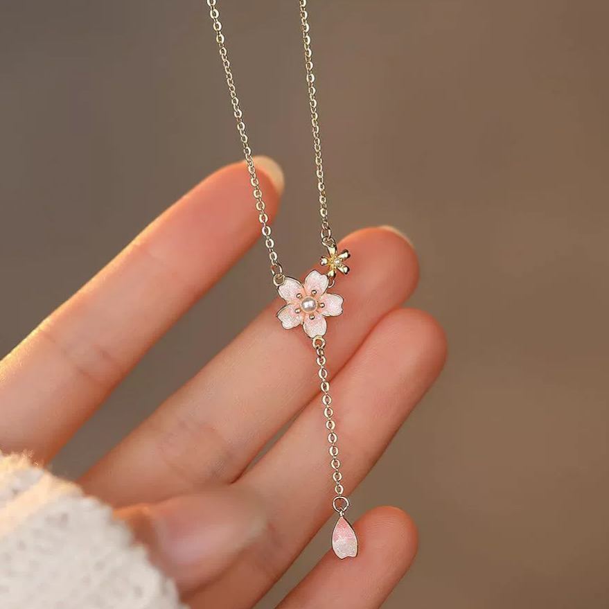 INS3246-925 Sterling Silver Cherry Blossom Necklace for Women Graduation Pink Jewelry 14K Gold Plated Cute Birth Month Enamel Flower Pendant Necklace Floral Artificial Stone Pearl Chain Birthday Jewelry Gifts