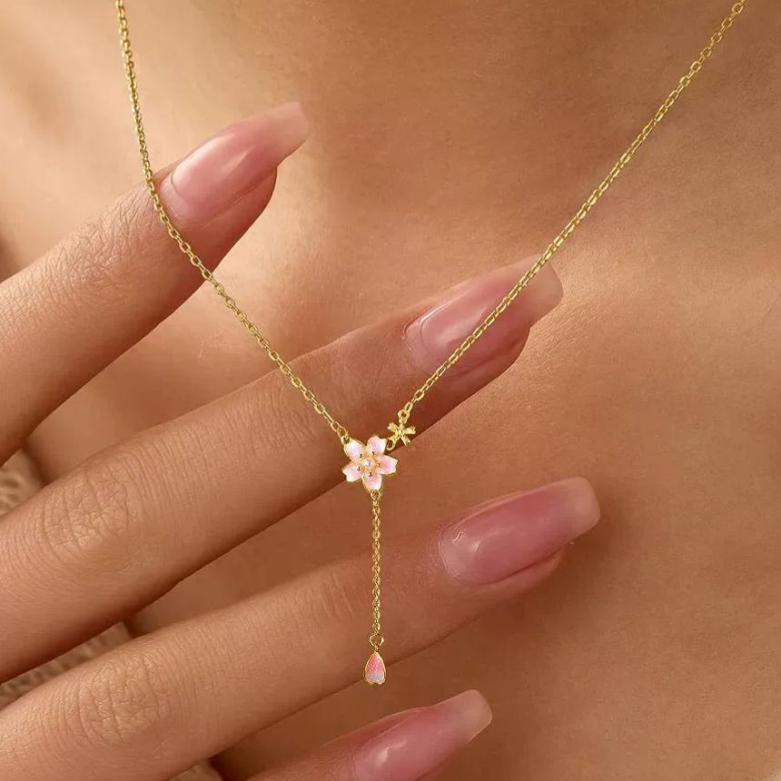 INS3246-925 Sterling Silver Cherry Blossom Necklace for Women Graduation Pink Jewelry 14K Gold Plated Cute Birth Month Enamel Flower Pendant Necklace Floral Artificial Stone Pearl Chain Birthday Jewelry Gifts