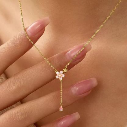 INS3246-925 Sterling Silver Cherry Blossom Necklace for Women Graduation Pink Jewelry 14K Gold Plated Cute Birth Month Enamel Flower Pendant Necklace Floral Artificial Stone Pearl Chain Birthday Jewelry Gifts
