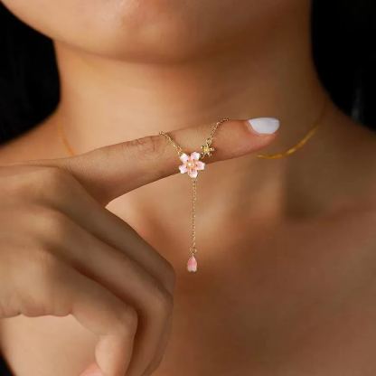INS3246-925 Sterling Silver Cherry Blossom Necklace for Women Graduation Pink Jewelry 14K Gold Plated Cute Birth Month Enamel Flower Pendant Necklace Floral Artificial Stone Pearl Chain Birthday Jewelry Gifts