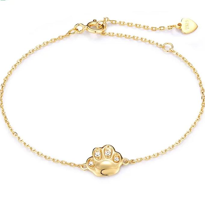 INS4023-Crystal Paw Print Bracelet for Women Stainless Steel Cute Dog Puppy Cat Kitten Animal Chain Adjustable Bracelets 18K Gold Plated Dainty Birthday Jewelry for Pet Lover
