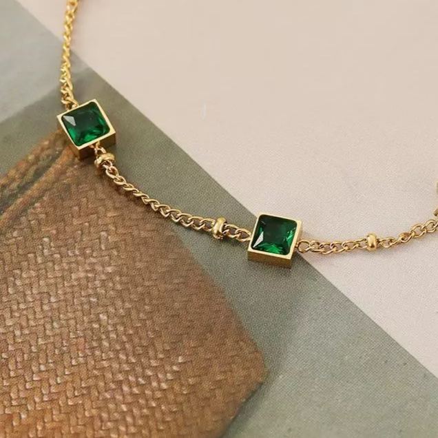 INS4036-Dazzling Women's 14K Yellow Gold Bracelet, Green Emerald Adjustable Design, Dainty Fashion Jewelry for Her