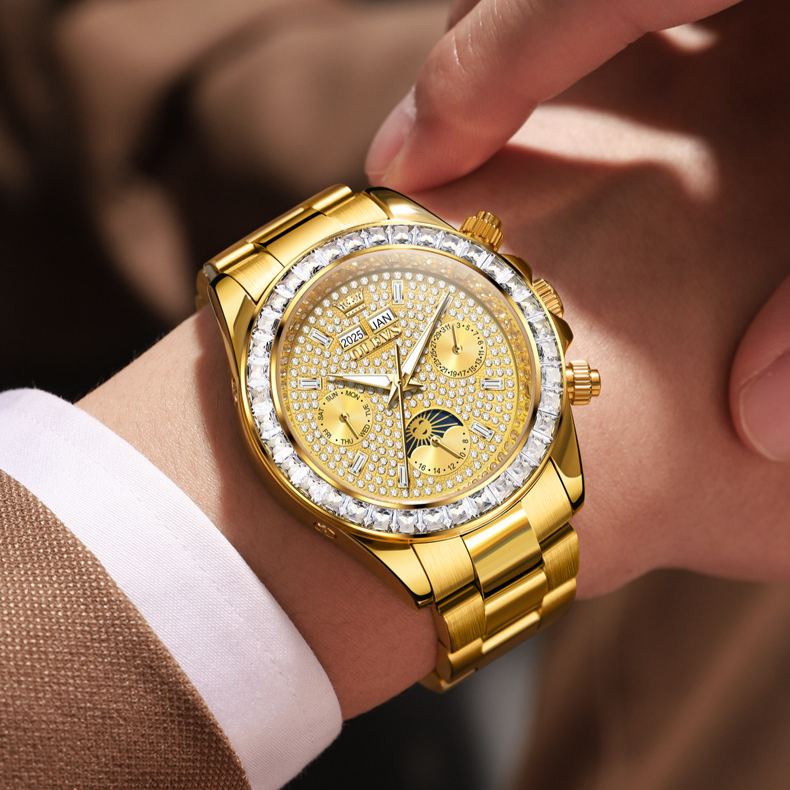 W-1003-Men's Luxury Watch Gold Diamond Automatic Mechanical with Date Moon Phase Stainless Steel Luminous Waterproof Business Wristwatch
