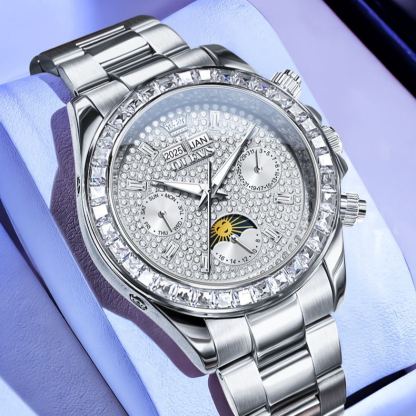 W-1003-Men's Luxury Watch Gold Diamond Automatic Mechanical with Date Moon Phase Stainless Steel Luminous Waterproof Business Wristwatch