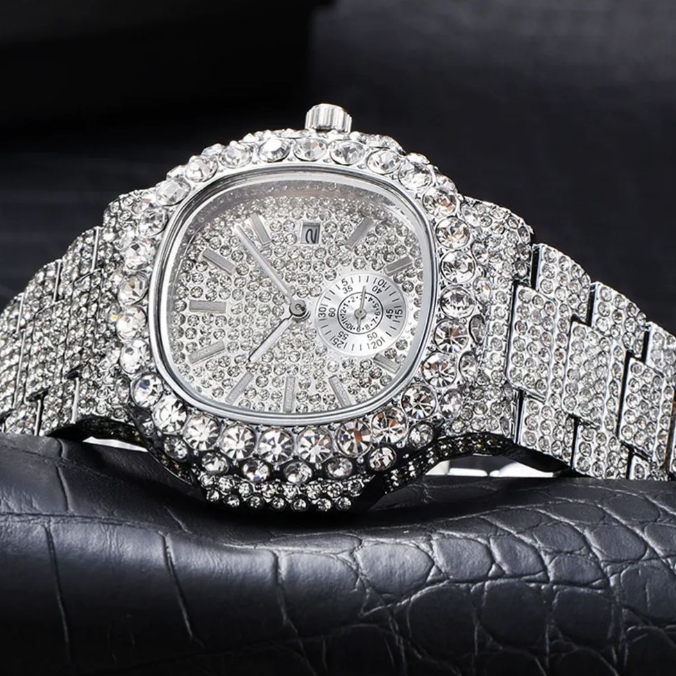 W-1006-Techno Pave Men’s 43mm Fully Iced-Out Oblong Watch – Diamond Bezel, Luxury Hip-Hop Timepiece, Quartz Movement, Gift for Him-Men