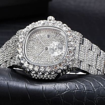 W-1006-Techno Pave Men’s 43mm Fully Iced-Out Oblong Watch – Diamond Bezel, Luxury Hip-Hop Timepiece, Quartz Movement, Gift for Him-Men