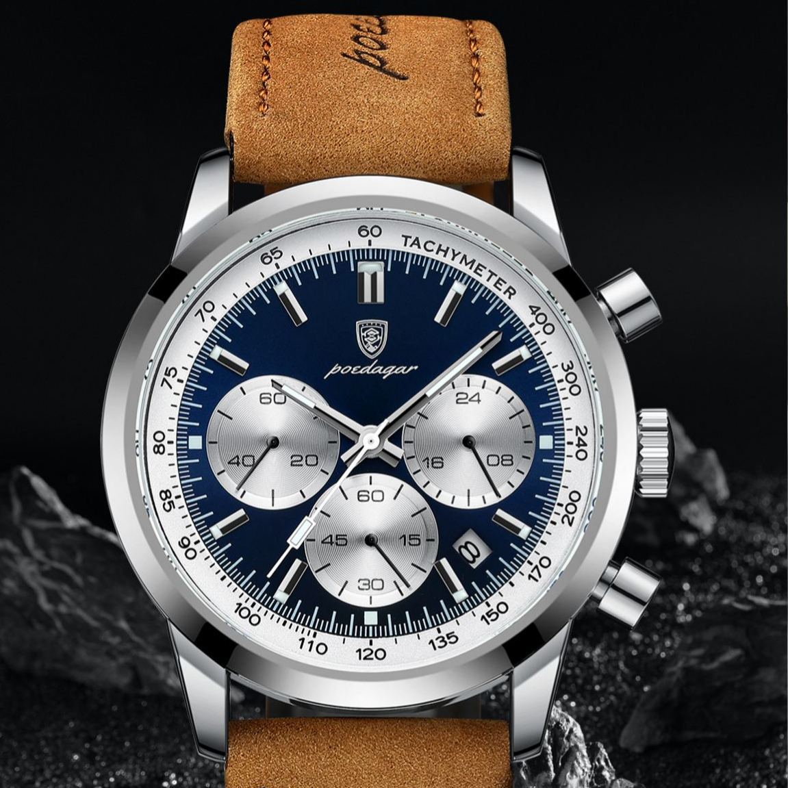 W-1016-Fashion Business Mens Watches with Leather Band Waterproof Chronograph Quartz Watch for Men, Auto Date