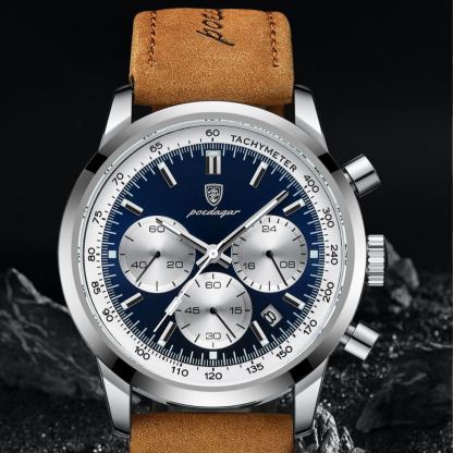 W-1016-Fashion Business Mens Watches with Leather Band Waterproof Chronograph Quartz Watch for Men, Auto Date