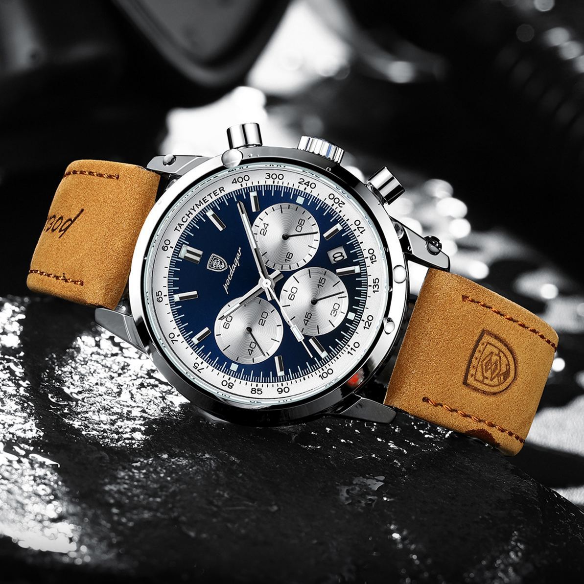 W-1016-Fashion Business Mens Watches with Leather Band Waterproof Chronograph Quartz Watch for Men, Auto Date