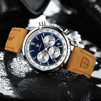 W-1016-Fashion Business Mens Watches with Leather Band Waterproof Chronograph Quartz Watch for Men, Auto Date