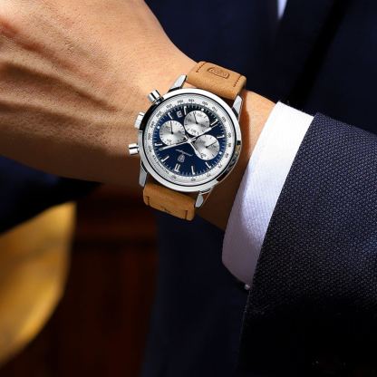 W-1016-Fashion Business Mens Watches with Leather Band Waterproof Chronograph Quartz Watch for Men, Auto Date