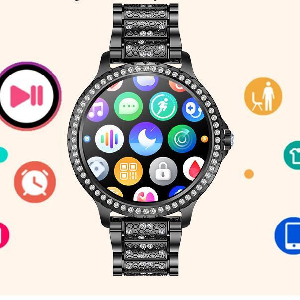 W-2001-Yihou Luxury Black Smart Watches for Women, Diamond Round Designer Fitness Tracker Smartwatch for Android iOS Phones with Make/Answer Call Sleep Monitor