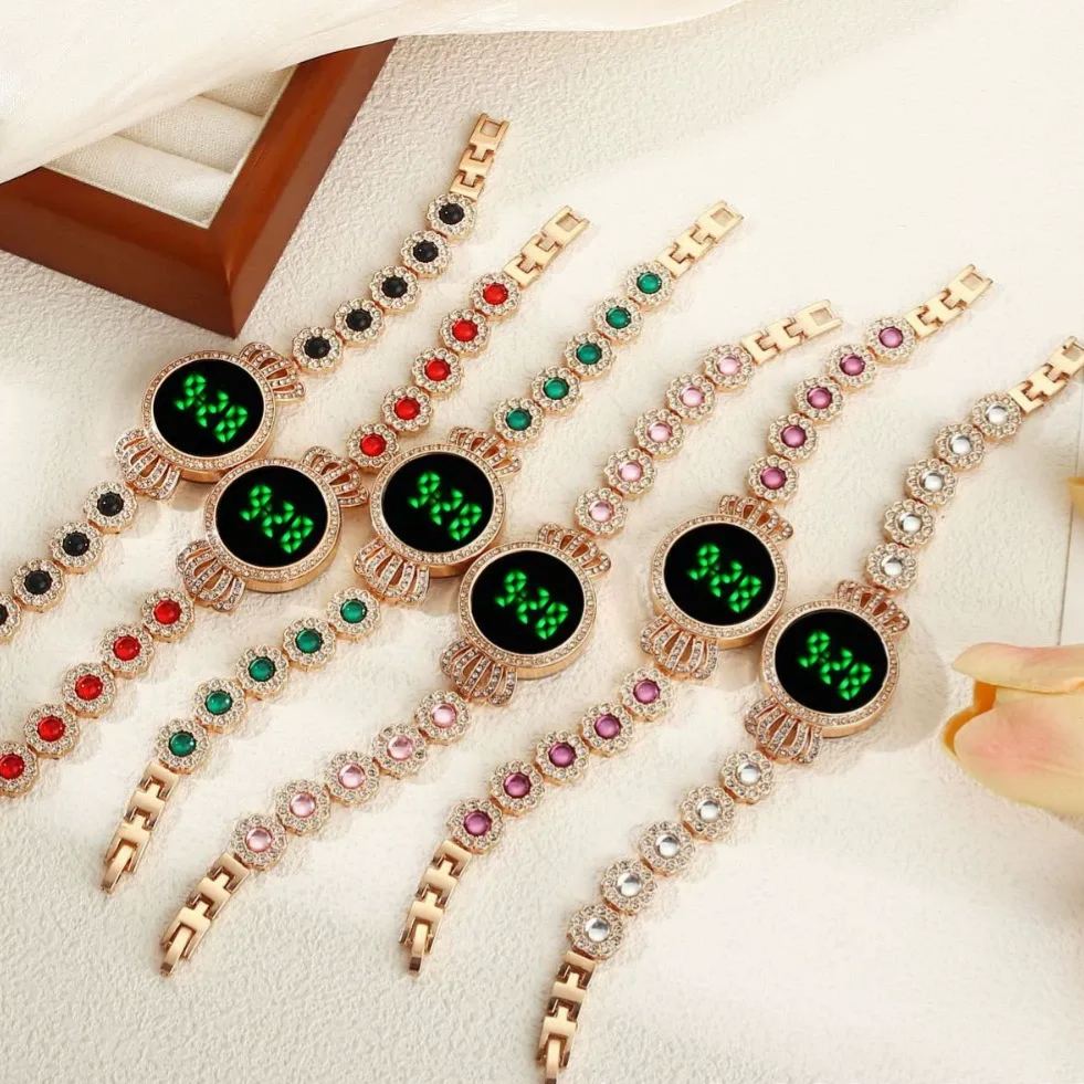 W-2004-Diamond Studded Round Dial Touch Screen LED Digital Watch for Women