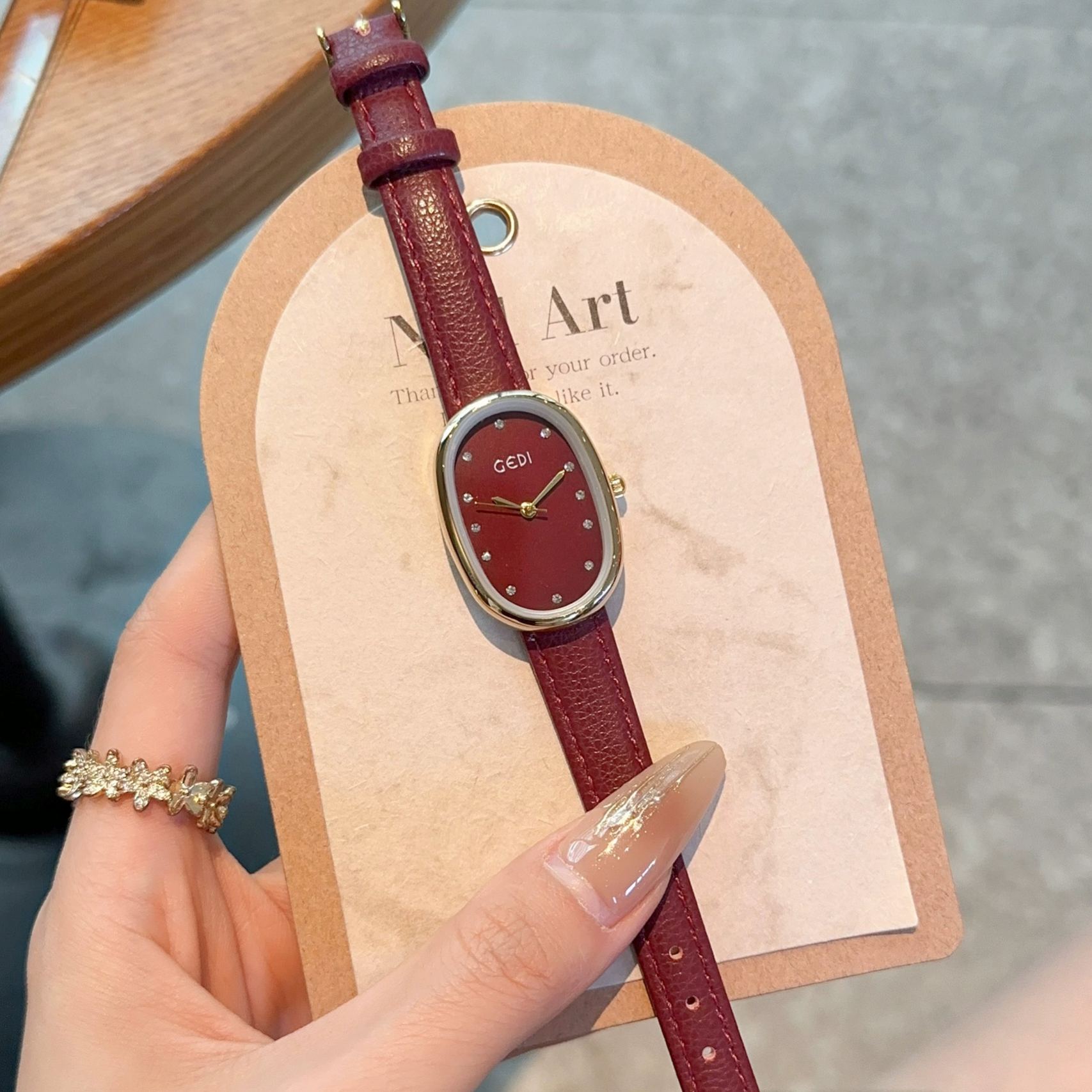 W-2009-CARLIEN Women's Small Gold Vintage Dainty Rhinestone Rectangular Quartz Watch Slim Leather Band Waterproof Analog Wristwatch for Women