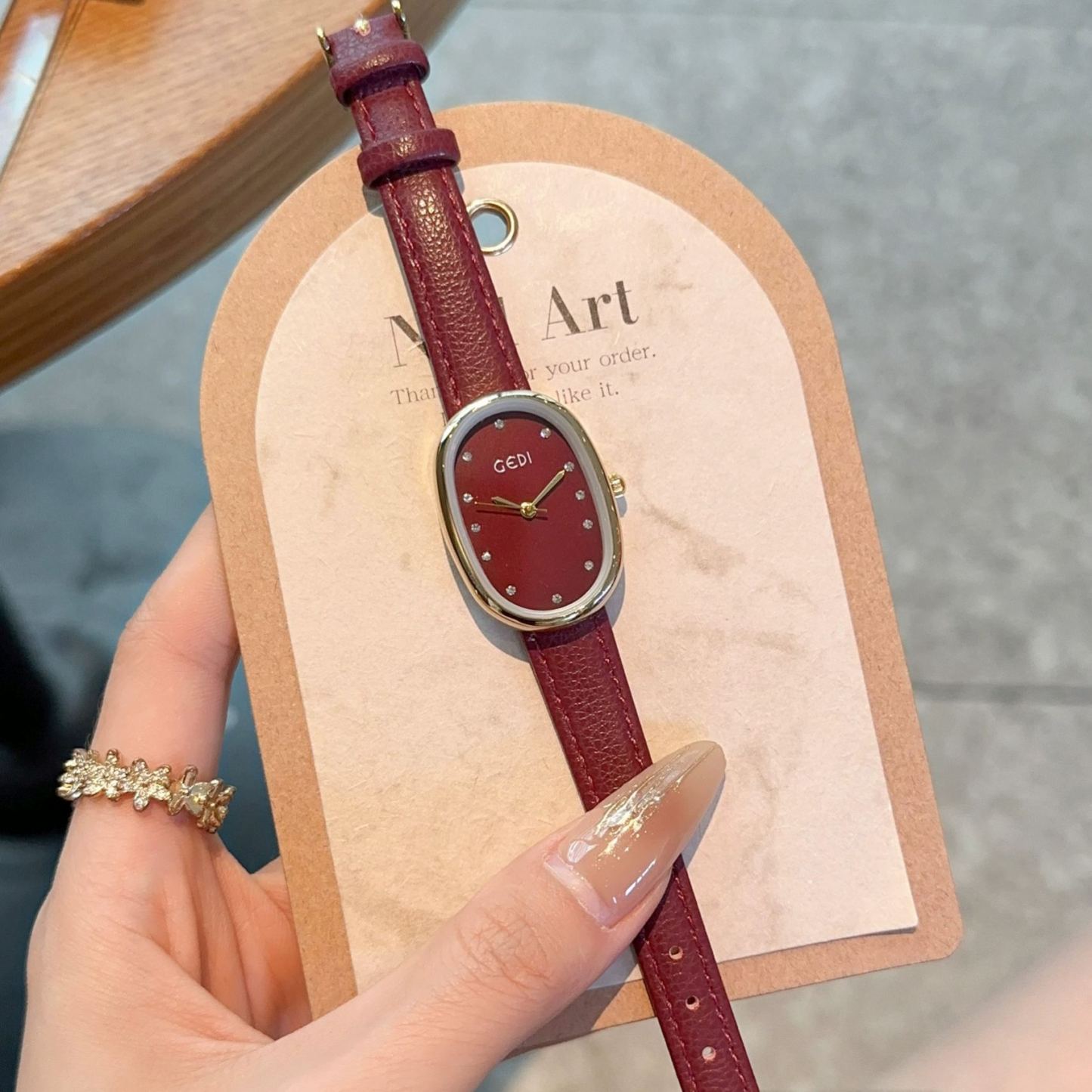 W-2009-CARLIEN Women's Small Gold Vintage Dainty Rhinestone Rectangular Quartz Watch Slim Leather Band Waterproof Analog Wristwatch for Women