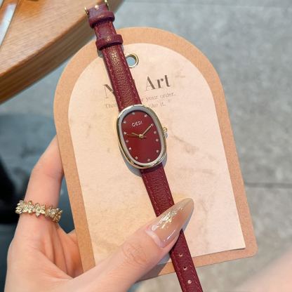 W-2009-CARLIEN Women's Small Gold Vintage Dainty Rhinestone Rectangular Quartz Watch Slim Leather Band Waterproof Analog Wristwatch for Women