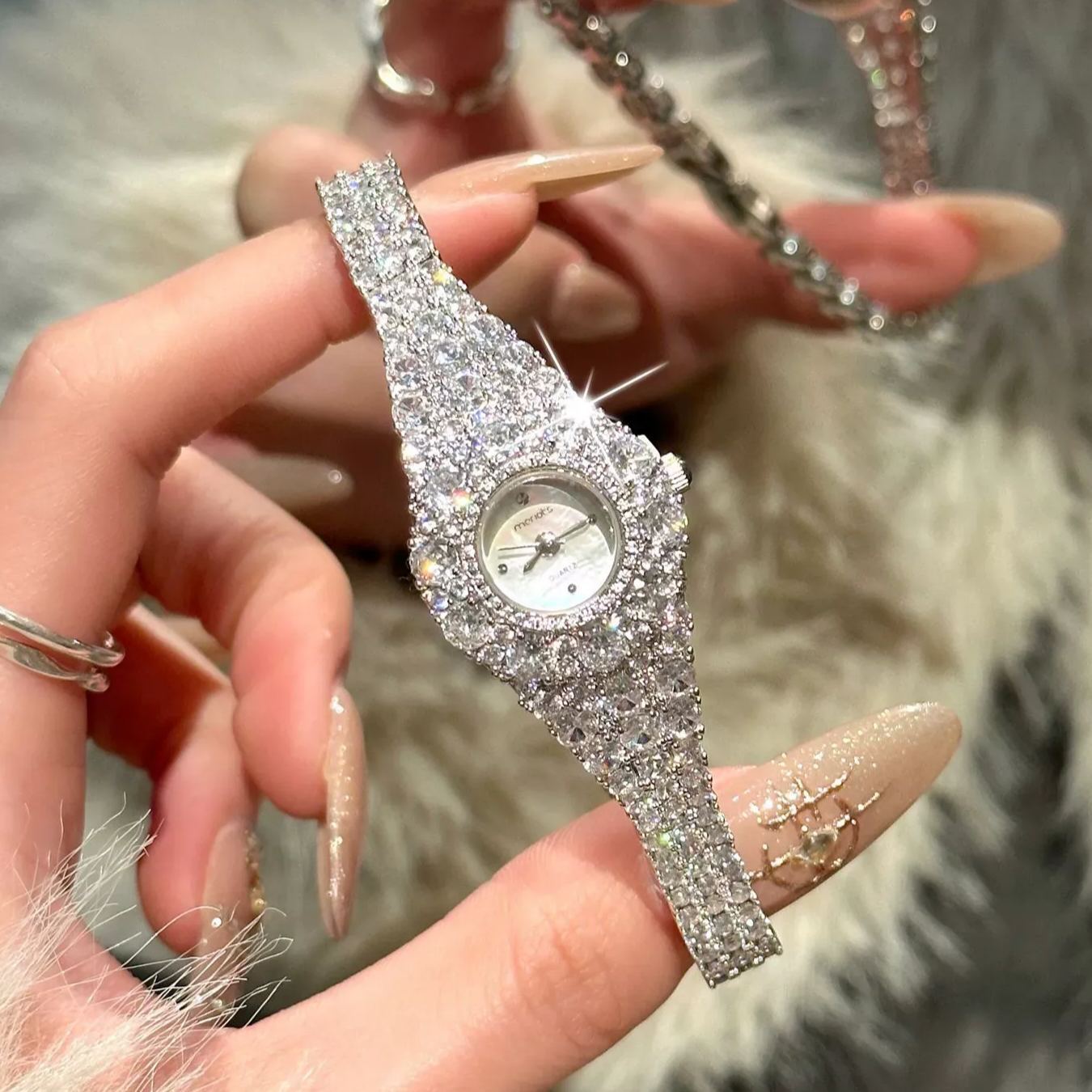 W-2032-Weicam Women Elegant Crystal Bangle Braclet Round Dial Analog Quartz Wristwatch