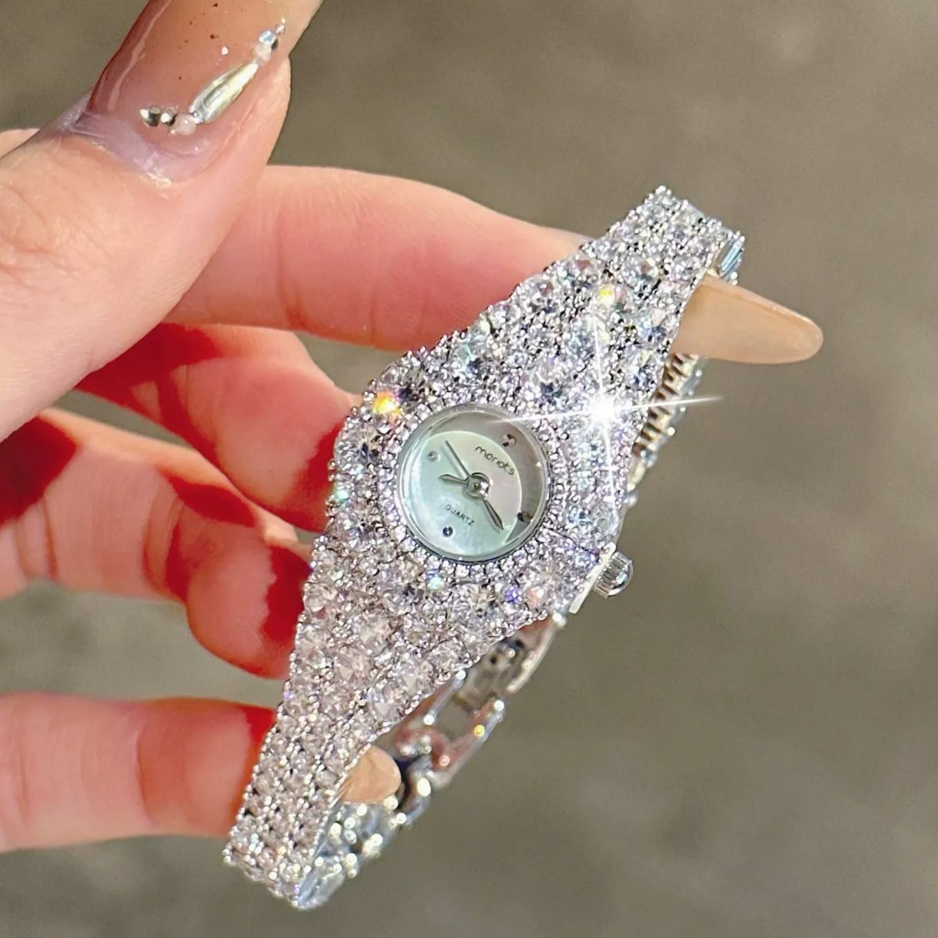 W-2032-Weicam Women Elegant Crystal Bangle Braclet Round Dial Analog Quartz Wristwatch