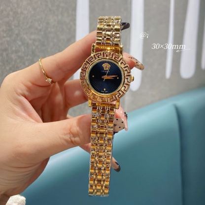 W-2041-Versace Versace Reve Collection Luxury Womens Watch Timepieces with a Gold Bracelet and Case featuring a Black Dial