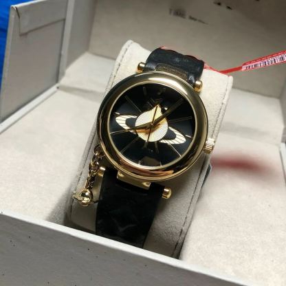 W-2049-Vivienne Westwood Orb Womens Quartz Watch with Black Dial and Black Leather Strap VV006BKGD