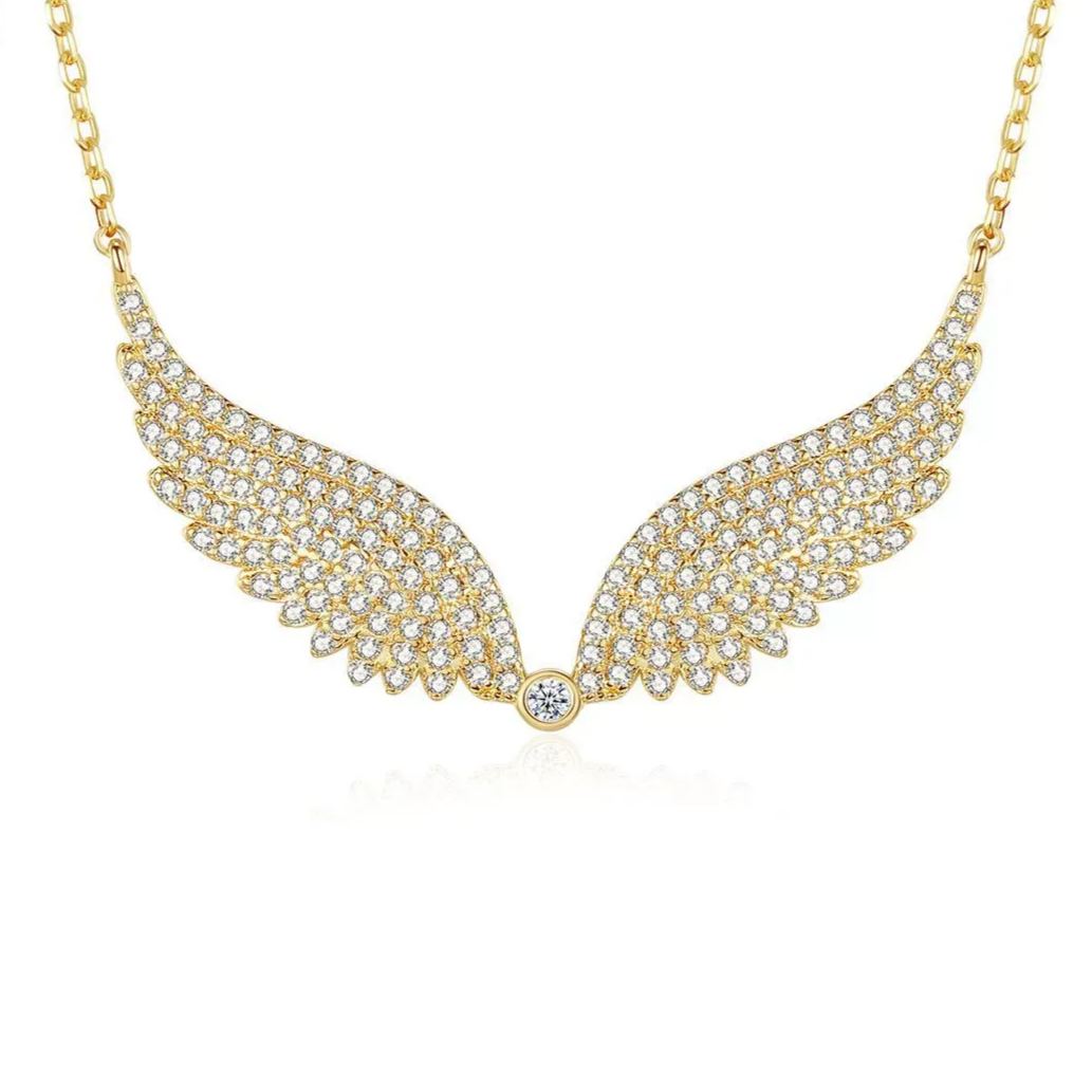 INS3155-14K Gold Wing Pendant Necklace, Micro-Pave Moissanite Angel Wing Chain Jewelry for Women