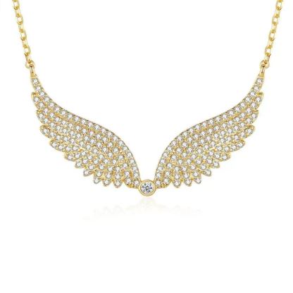 INS3155-14K Gold Wing Pendant Necklace, Micro-Pave Moissanite Angel Wing Chain Jewelry for Women