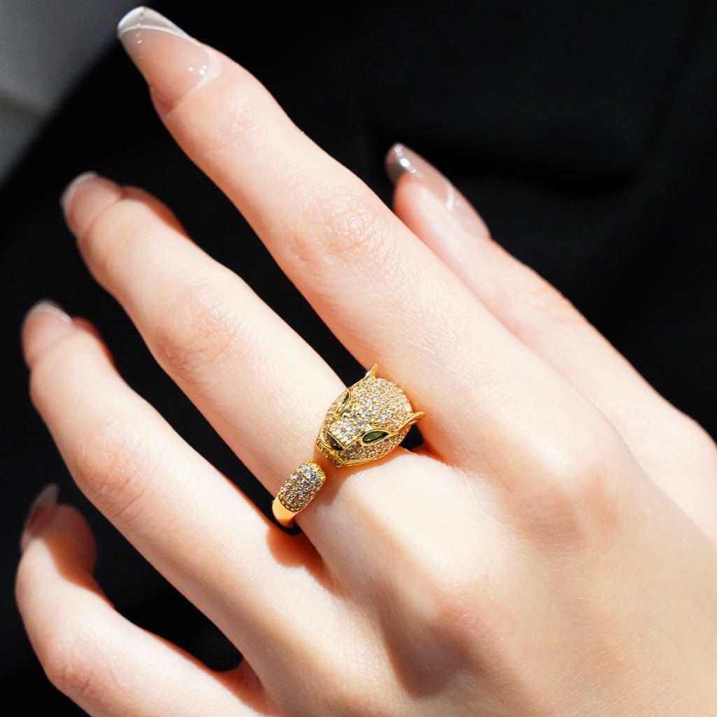 INS1097-Aura & lrena Luxury Panther Ring for Women – Adjustable 18K Gold/Platinum Plated Open-End Ring with AAA Cubic Zirconia, Elegant Animal Jewelry, Unique Fashion Gift for Her Gold Rings for Men Non Tarnish