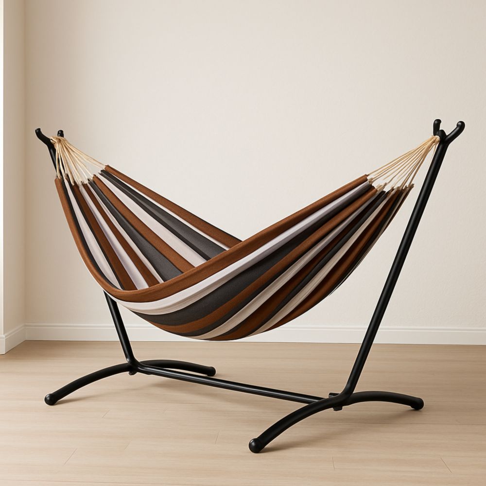 Hängematte mit Gestell Baumwolle gestreift Braun/Beige/Schwarz-Domovzeleny