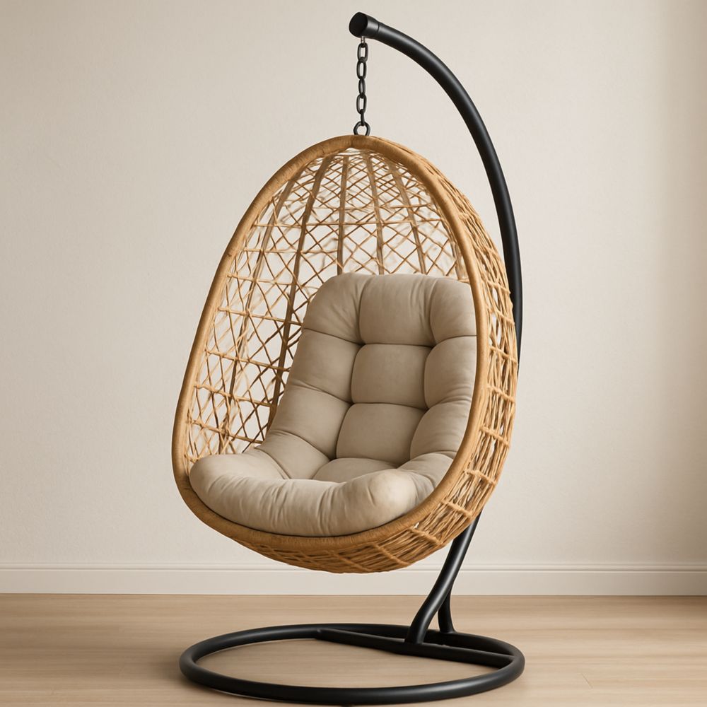 Hängesessel Rattan Beige gepolstert mit Metallständer-Domovzeleny