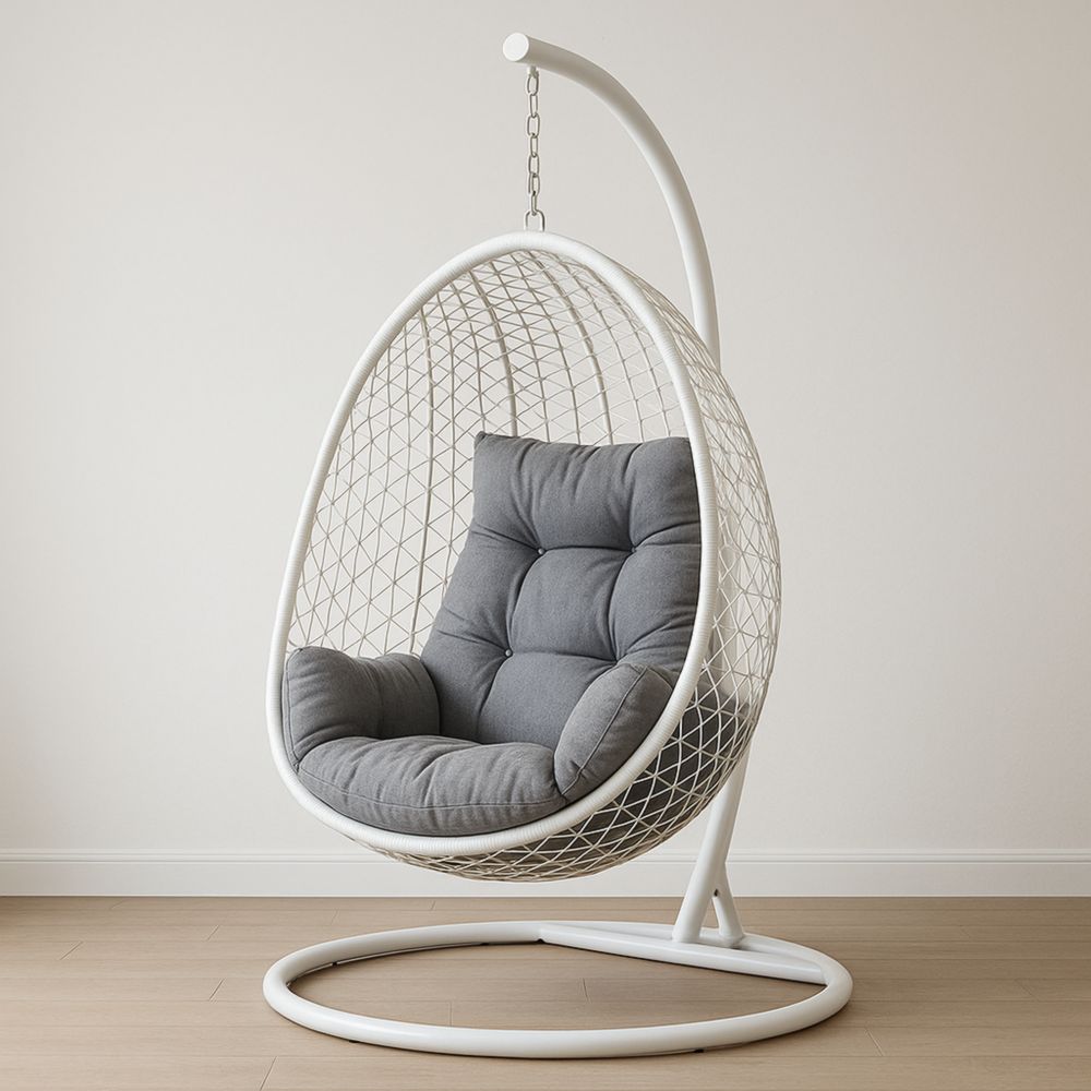 Hängesessel Ei-Form Weiß Stahl Grau Kissen 200x100x120 cm-Domovzeleny