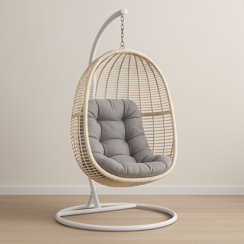 Hängesessel Rattan Beige/Kissen Grau Stahlrahmen-Domovzeleny