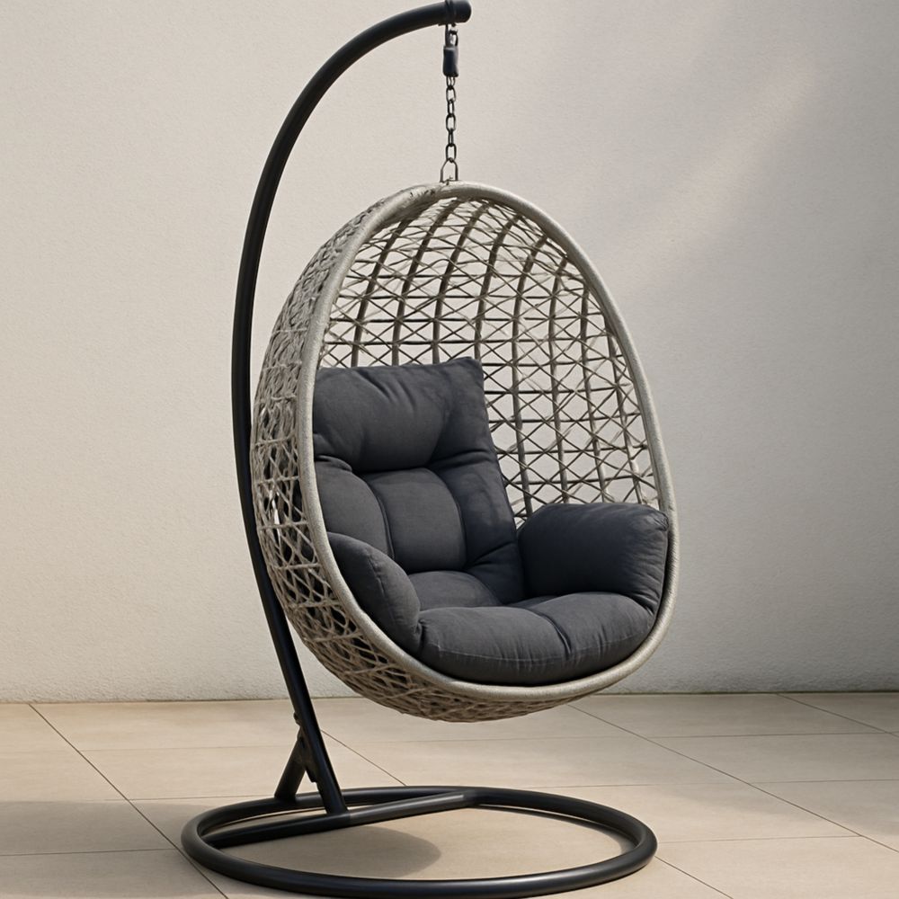 Hängesessel Rattan-Ei mit Stahlrahmen und Polyesterkissen Beige/Dunkelgrau/Schwarz-Domovzeleny