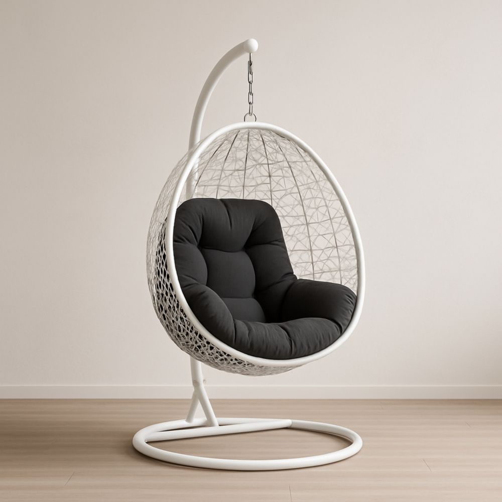 Hängesessel Ei-Form Weiß Polyrattan mit Kissen Schwarz-Domovzeleny