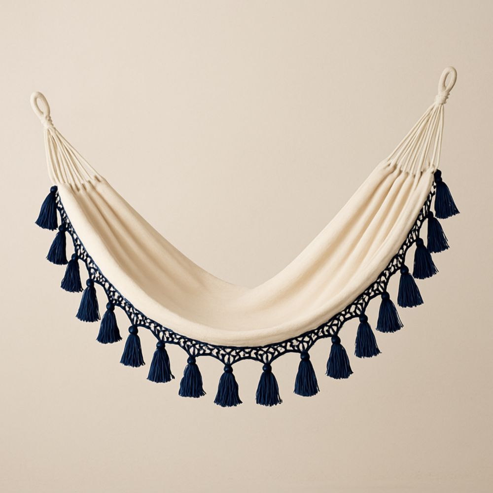 Hängematte Baumwolle Beige Blau Quasten 200x150 cm-Domovzeleny