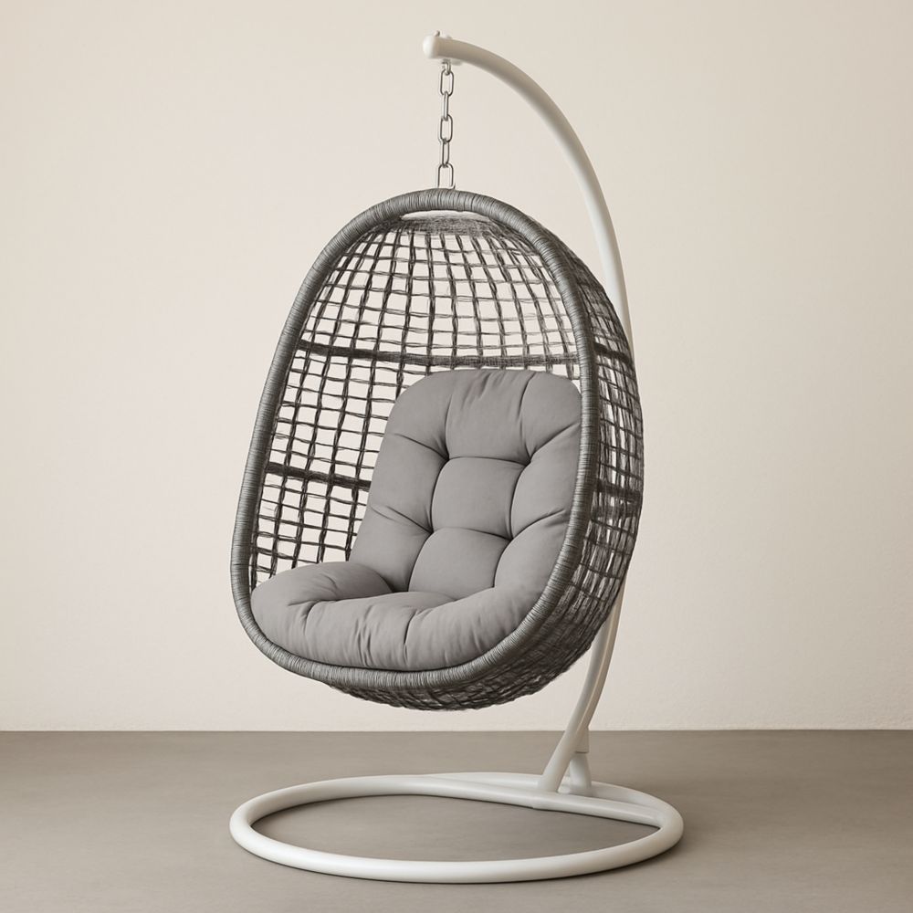 Hängesessel Rattan Grau Stahlrahmen Polyesterkissen-Domovzeleny