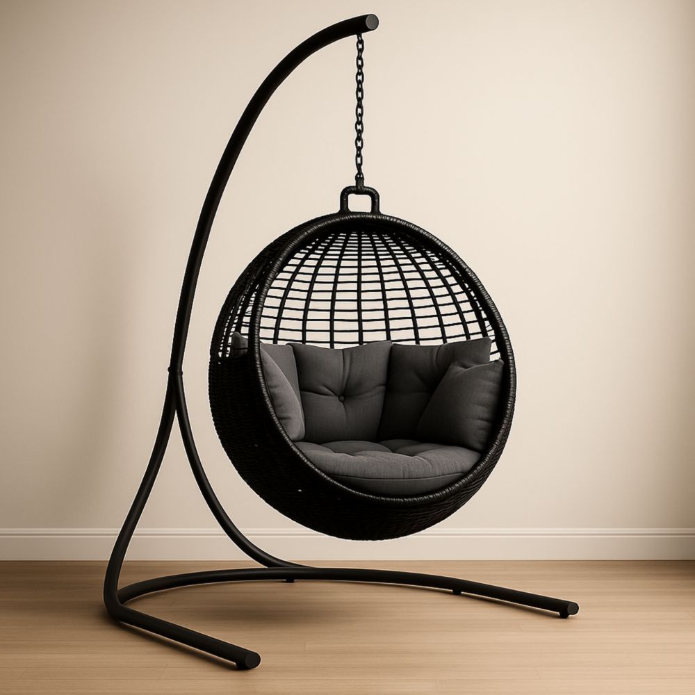 Hängesessel aus Polyrattan mit Gestell Schwarz Rund-Domovzeleny