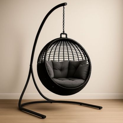 Hängesessel aus Polyrattan mit Gestell Schwarz Rund-Domovzeleny