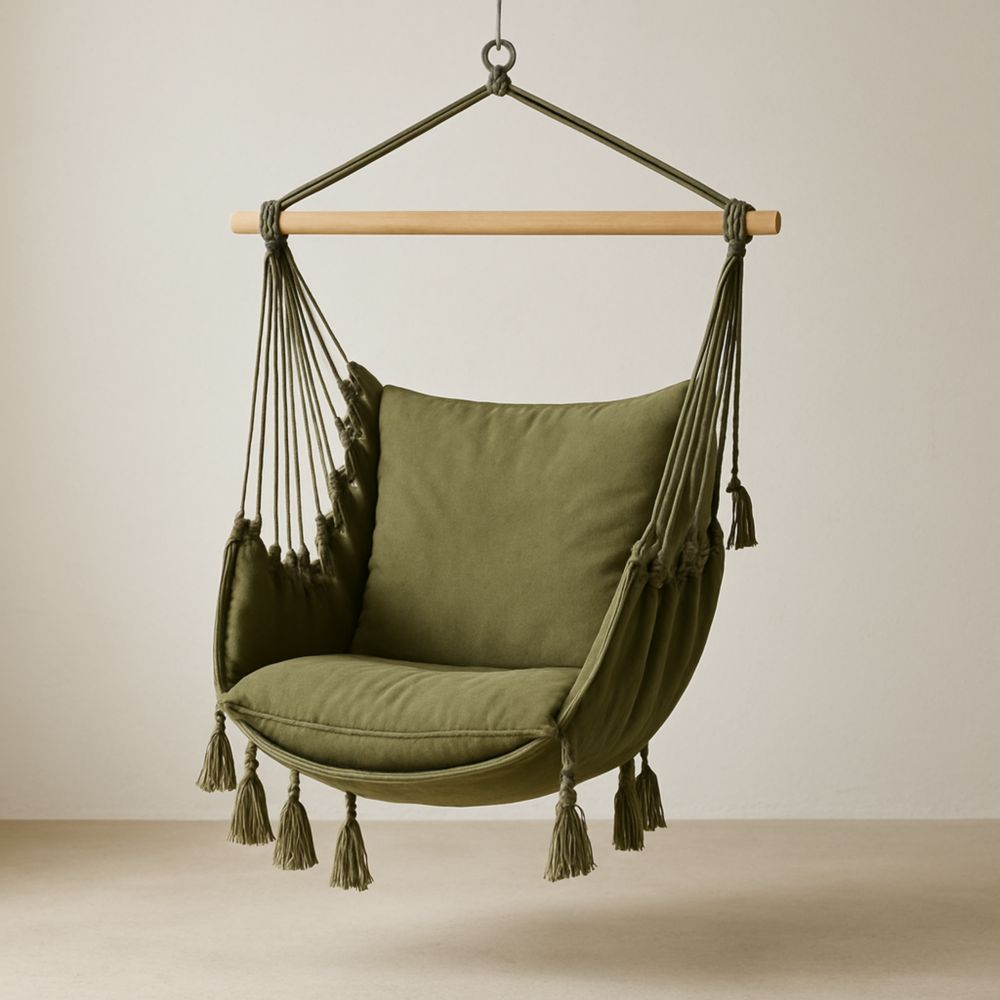 Hängesessel Baumwolle Olivgrün mit Holzstange-Domovzeleny
